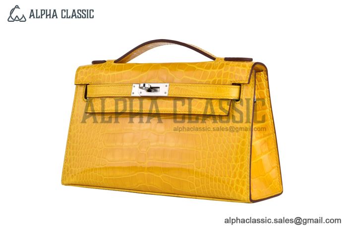 Hermes Mini Kelly Jaune Ambre Crocodile Leather Palladium Hardware Fully Handmade