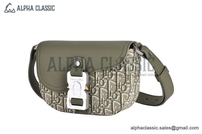 Dior Mini Saddle Messenger Bag with Flap Khaki & Green Oblique Jacquard with Green Grained Calfskin