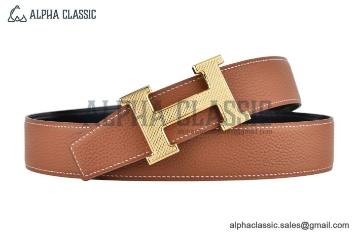 HERMES H Guillochee Belt YG Buckle & Noir / Orange Reversible Togo & Box 135 Leather Belt