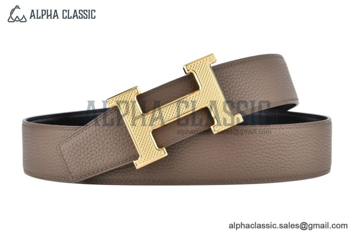 HERMES H Guillochee Belt YG Buckle & Graphite / Craie Reversible Togo & Box 135 Leather Belt