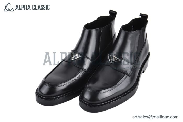 Prada Classic Boot with Logo Plate Black Grain Leather