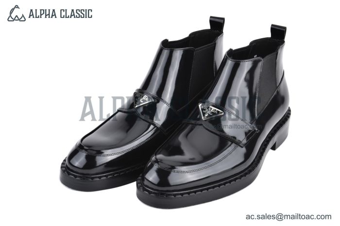 Prada Classic Boot with Logo Plate Black Burnished Leather