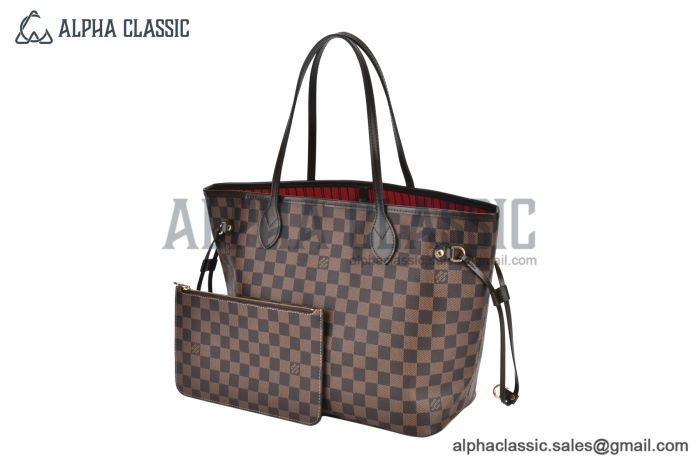 LV Neverfull MM Damier Ebene Canvas Cerise Red & Brown N40599
