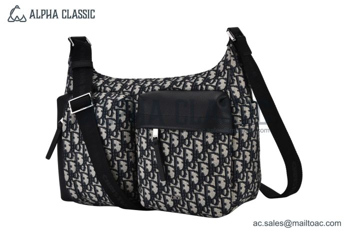 Dior Medium Rider Soft Hobo Bag Beige & Black Oblique Jacquard Black Grained Calfskin