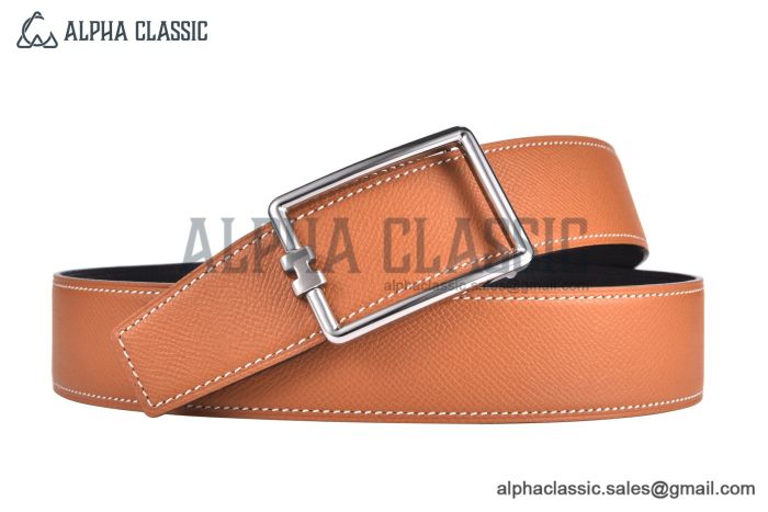 HERMES Tube H Belt Buckle & Noir / Orange Reversible Epsom Leather Belt