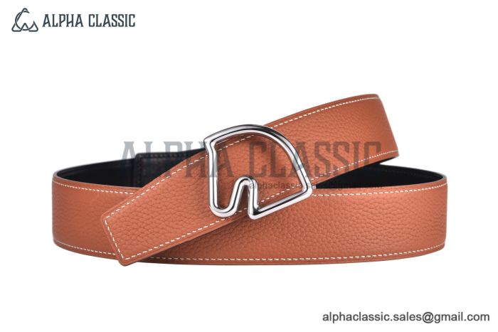 HERMES Tete de Cheval Belt Buckle & Noir / Orange Reversible Togo & Box 135 Leather Belt