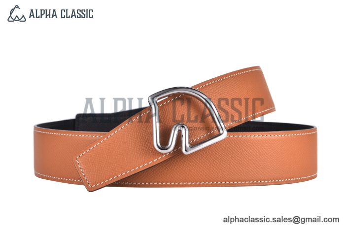 HERMES Tete de Cheval Belt Buckle & Noir / Orange Reversible Epsom Leather Belt