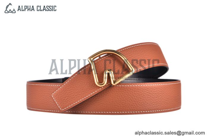 HERMES Tete de Cheval Belt Permabrass Buckle & Noir / Orange Reversible Togo & Box 135 Leather Belt