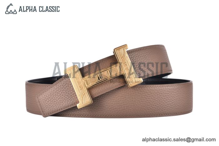 HERMES Constance Touareg Belt Permabrass Buckle & Graphite / Craie Reversible Togo & Box 135 Leather Belt