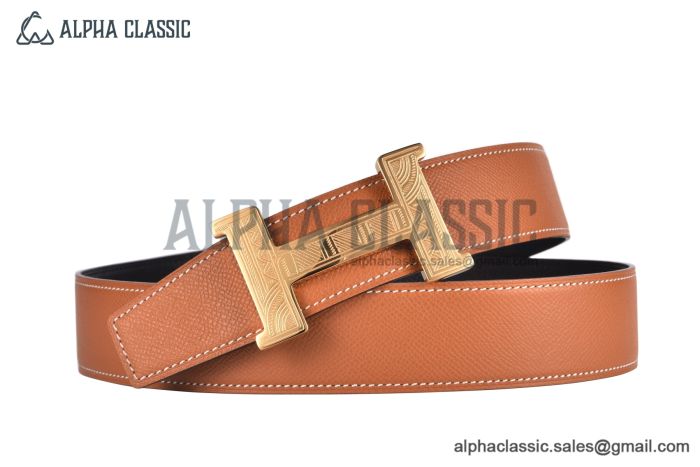 HERMES Constance Touareg Belt Permabrass Buckle & Noir / Orange Reversible Epsom Leather Belt