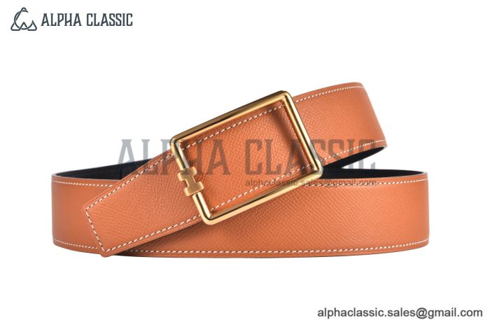 HERMES Tube H Belt Permabrass Buckle & Noir / Orange Reversible Epsom Leather Belt
