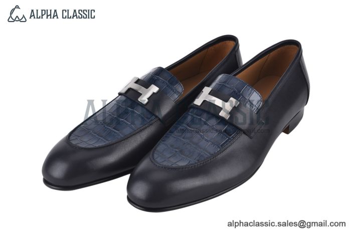 Hermes Paris Black Goat / Blue Croco Patern Leather Loafer