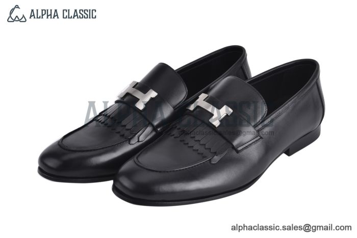 Hermes Paris Black Goat Leather Loafer with Tassel
