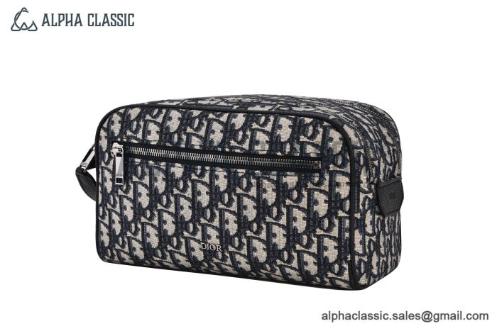 Dior Toiletry Bag Beige & Black Oblique Jacquard with Black Grained Calfskin