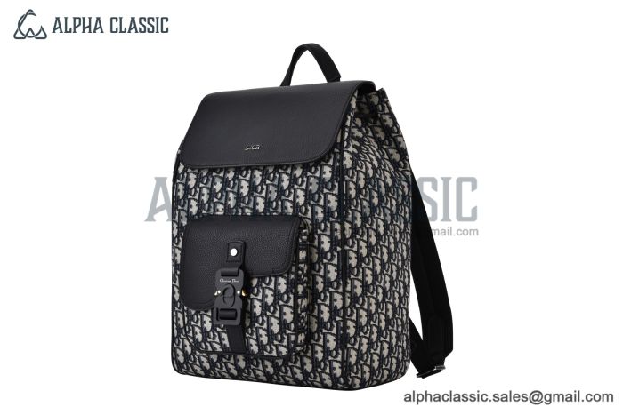 Dior Saddle Backpack with Flap Beige & Black Oblique Jacquard with Black Grained Calfskin
