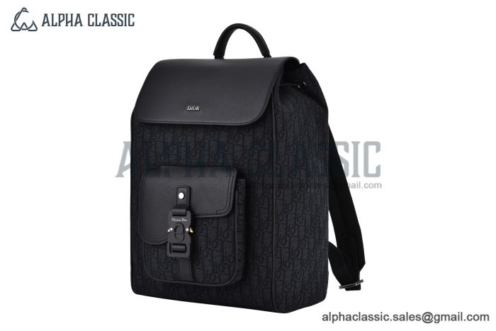 Dior Saddle Backpack with Flap Black Oblique Jacquard with Black Grained Calfskin