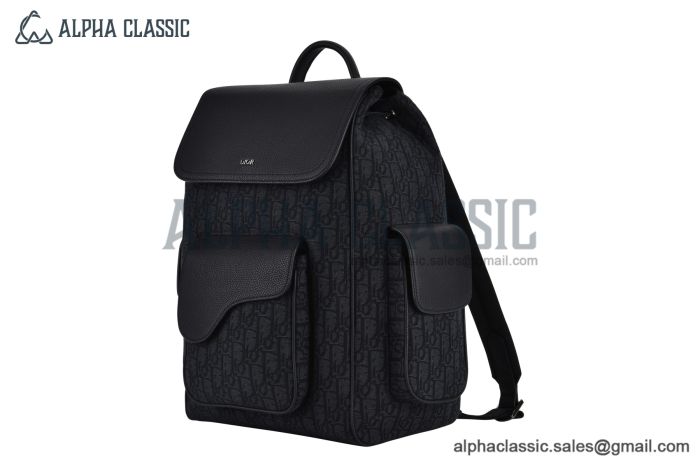 Dior Saddle Backpack with Sidepocket Black Oblique Jacquard with Black Grained Calfskin