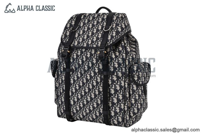 Dior Hit the Road Backpack with Flap Beige & Black Oblique Jacquard with Black Grained Calfskin
