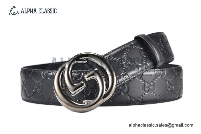 Gucci GG Marmont Embossed Leather Belt Black Leather With Gray Steel Interlocking G Buckle