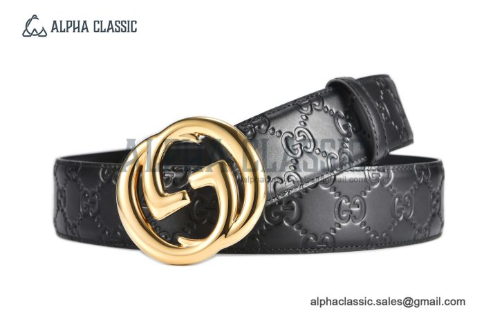 Gucci GG Marmont Embossed Leather Belt Black Calf Leather With Yellow Gold Interlocking G Buckle