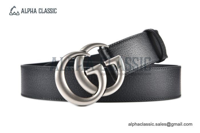 Gucci Wide Leather Belt with Gray Steel Double G Buckle