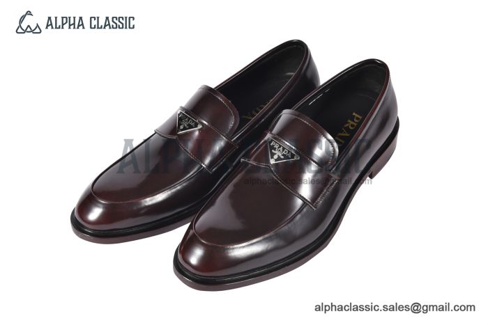 Prada Red Brushed Calfskin Loafers with the Iconic Enameled Metal Triangle Logo