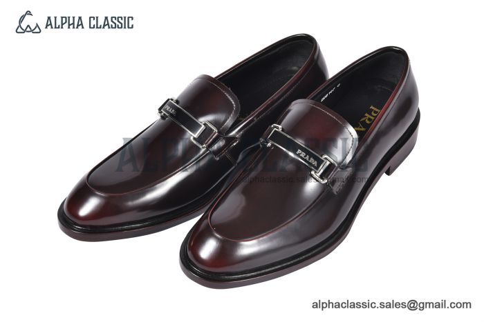 Prada Red Brushed Calfskin Loafers with the Logo-engraved Enameled Metal Bit Ornament