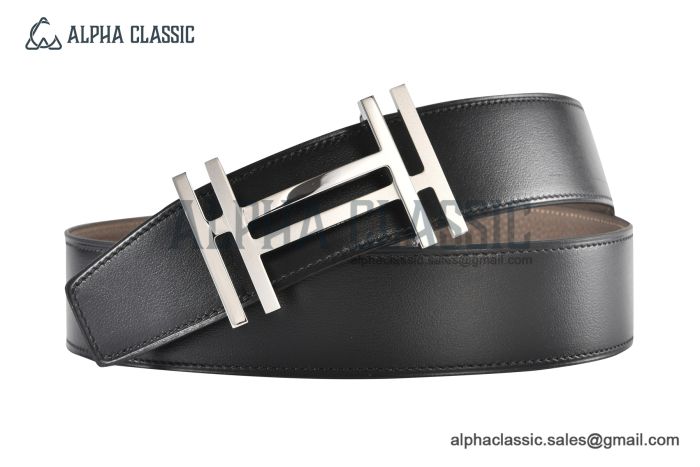 HERMES Reversible Belt Black/Beige Leather with Steel H Square Buckle
