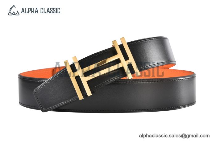 HERMES Reversible Belt Black/Orange Leather with RG H Square Buckle
