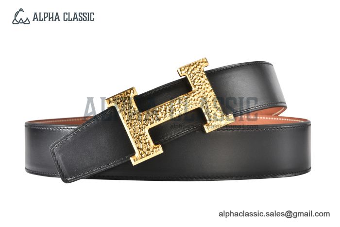 HERMES Reversible Belt Black/Beige Leather with Yellow Gold H Martelee Buckle