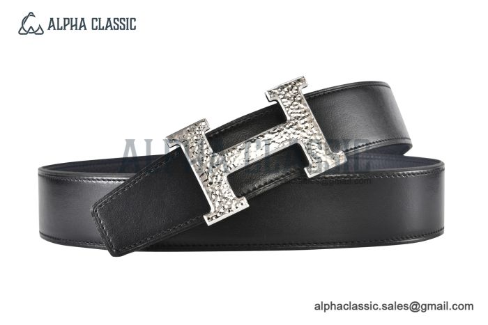 HERMES Reversible Belt Black Leather with Steel H Martelee Buckle