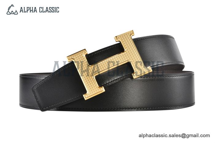 HERMES Reversible Belt Black/Chocolate Leather with Yellow Gold H Guillochee Buckle
