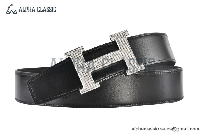 HERMES Reversible Belt Black Leather with Steel H Guillochee Buckle