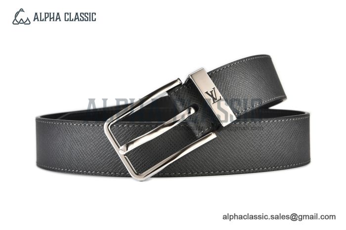 LV Pont Neuf 35mm Belt Black Taiga Leather with Stainless Steel LV Signature on the Metal Loop Buckle