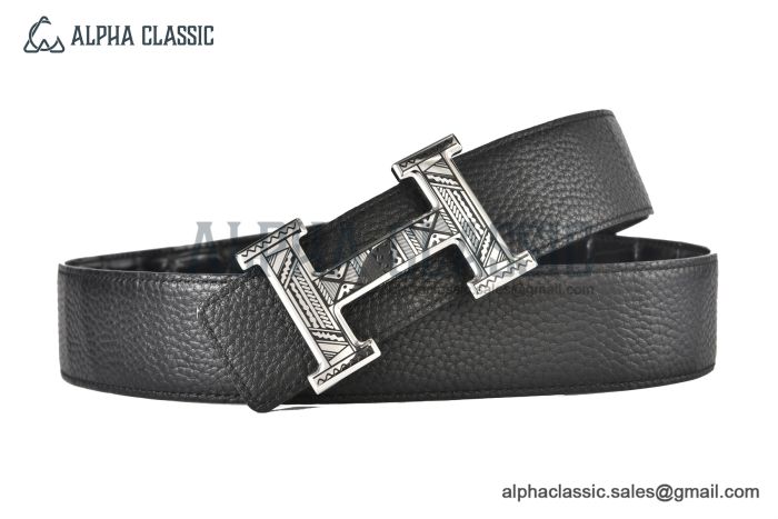 HERMES Reversible Belt Black Leather with Steel H Touareg Buckle