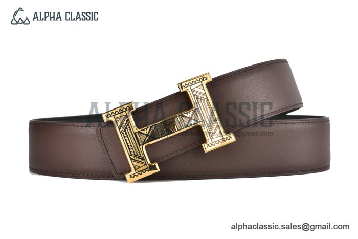 HERMES Reversible Belt Black/Brown Leather with Yellow Gold H Touareg Buckle
