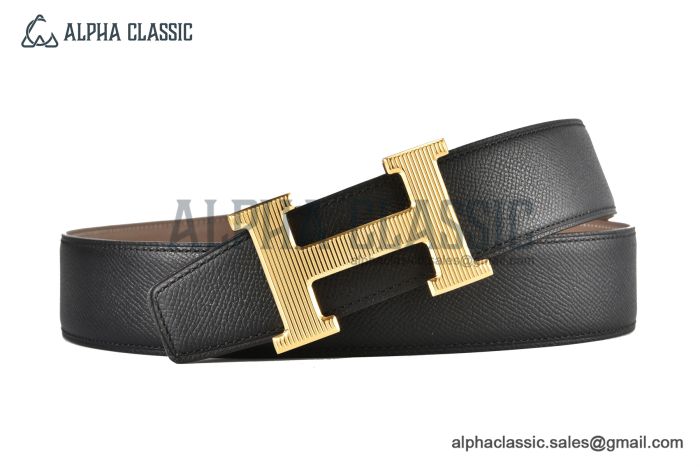 HERMES Reversible Belt Black/Beige Leather with Yellow Gold H Striee buckle