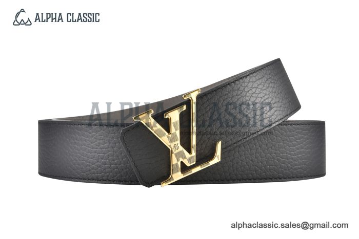 Damier LV 40mm Reversible Belt Black/Gray Calf Leather with Yellow Gold Damier LV Initials Buckle
