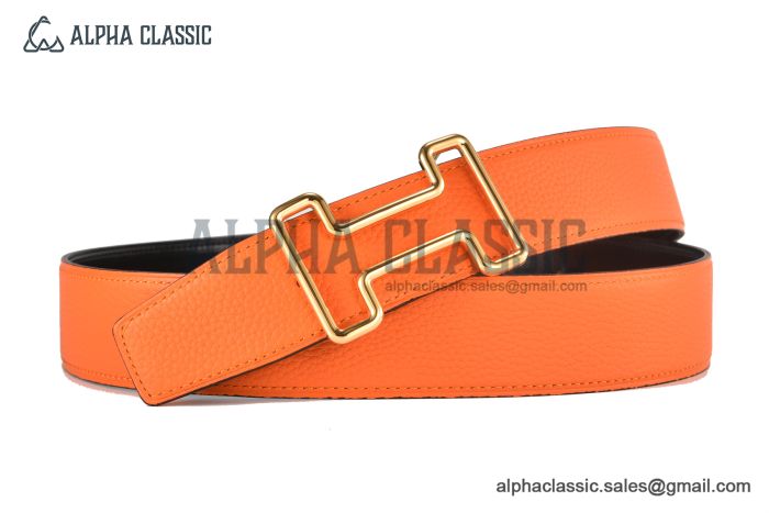 HERMES Reversible Belt Orange/Black Leather with Yellow Gold Tonight buckle