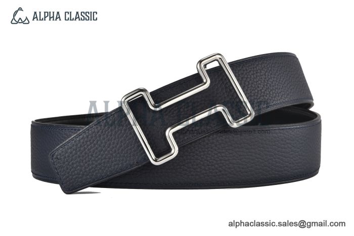 HERMES Reversible Belt Black Leather with Steel Tonight buckle