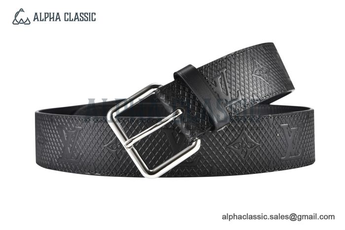 LV Speaker 40mm Belt with Black Full Embossed Monogram Calf Leather with Stainless Steel LV Signature Pin Buckle 