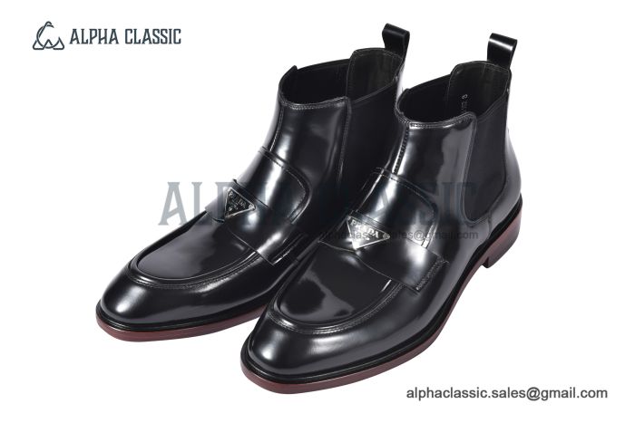 Prada Classic Brushed Black Calfskin Boot with the Iconic Enameled Metal Triangle Logo