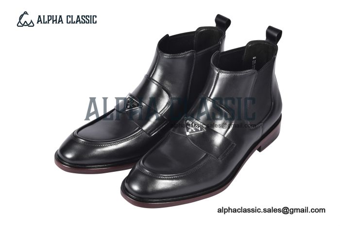 Prada Classic Brushed Matte Black Calfskin Boot with the Iconic Enameled Metal Triangle Logo