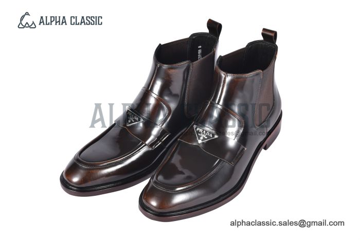Prada Classic Brushed Red Calfskin Boot with the Iconic Enameled Metal Triangle Logo