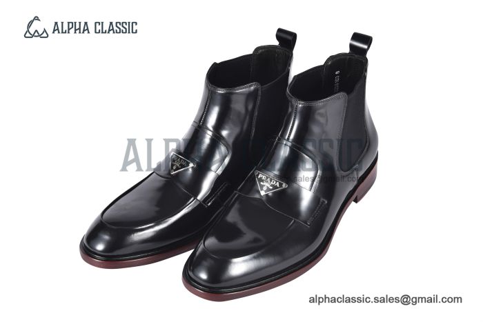 Prada Classic Black Calfskin Boot with the Iconic Enameled Metal Triangle Logo