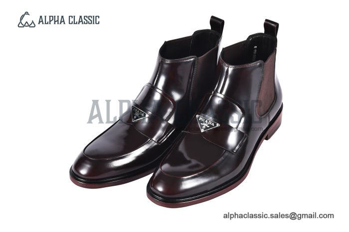 Prada Classic Red Calfskin Boot with the Iconic Enameled Metal Triangle Logo