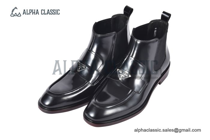 Prada Classic Smooth Black Calfskin Boot with the Iconic Enameled Metal Triangle Logo