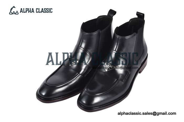 Prada Classic Smooth Matte Black Calfskin Boot with the Iconic Enameled Metal Triangle Logo