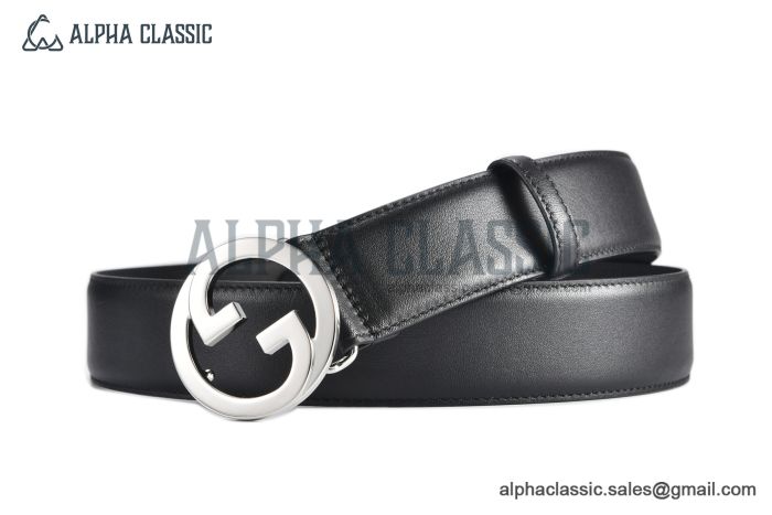 Gucci Blondie Belt Black Leather With Stainless Steel Round Interlocking G Buckle