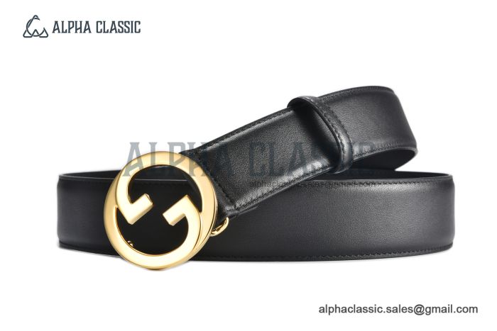 Gucci Blondie Belt Black Leather With Yellow Gold Round Interlocking G Buckle